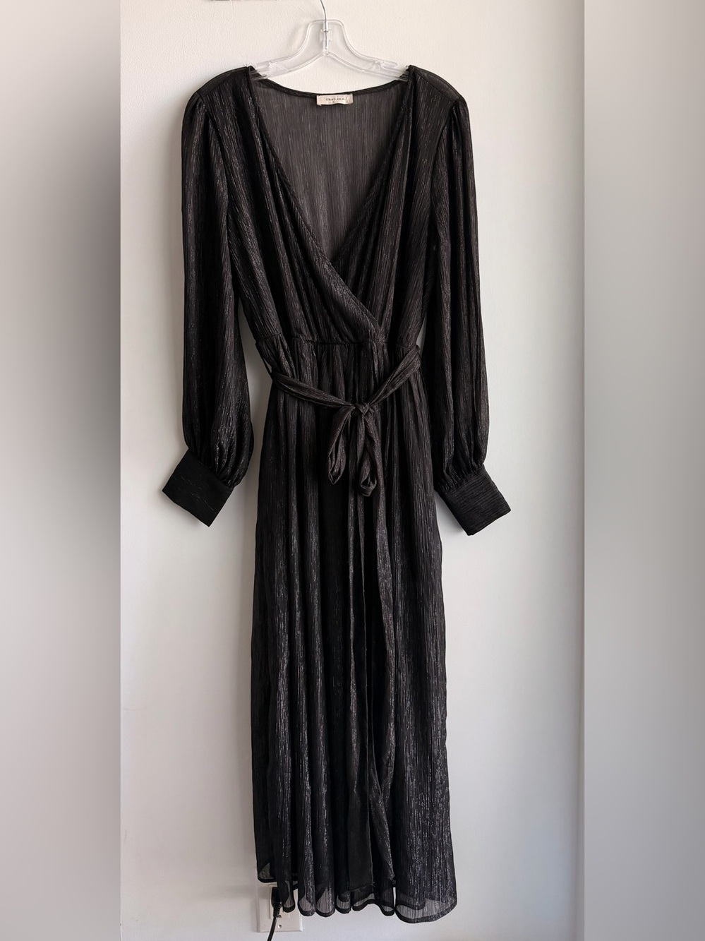 Long Sleeve Black Wrap Midi Dress with Tie Waist